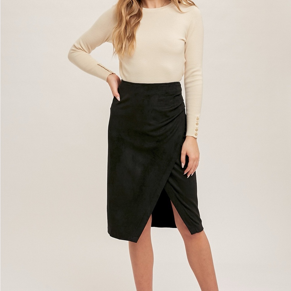 Elegant Black faux wrap Women's Skirt in faux suede - Picture 2 of 4